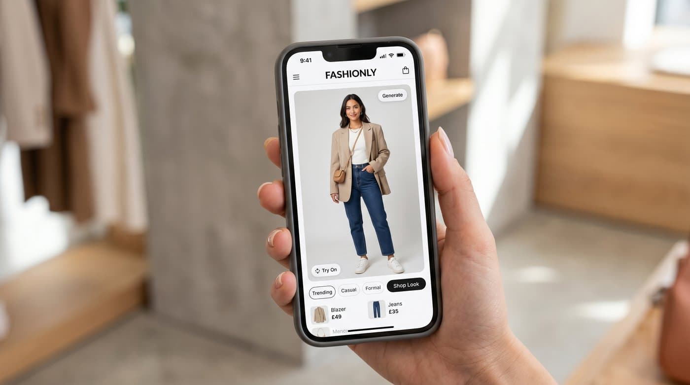 A phone app generating an image of a shopper wearing a fast-fashion outfit