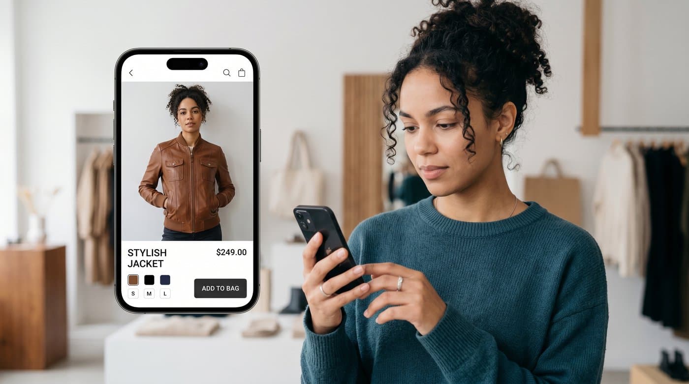 A shopper seeing an AI-generated image of themselves wearing a jacket on a store product page