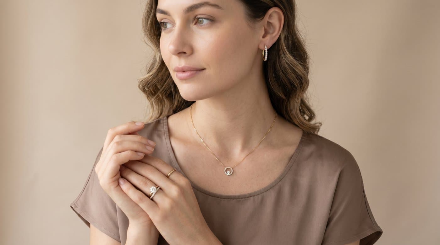 A necklace, earrings, and a ring shown worn through AI try-on on a jewelry product page