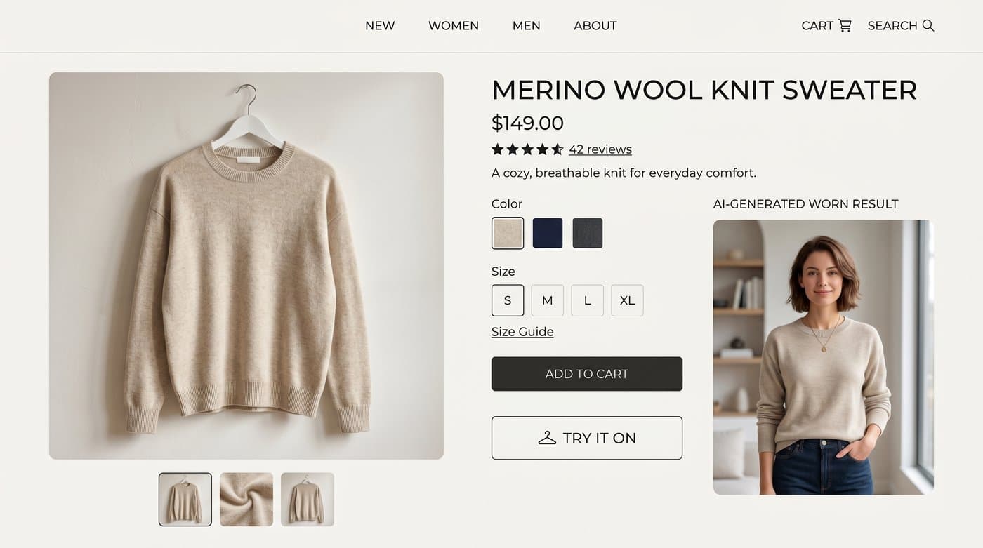 A Shopify product page showing a try-on button and an AI-generated worn result
