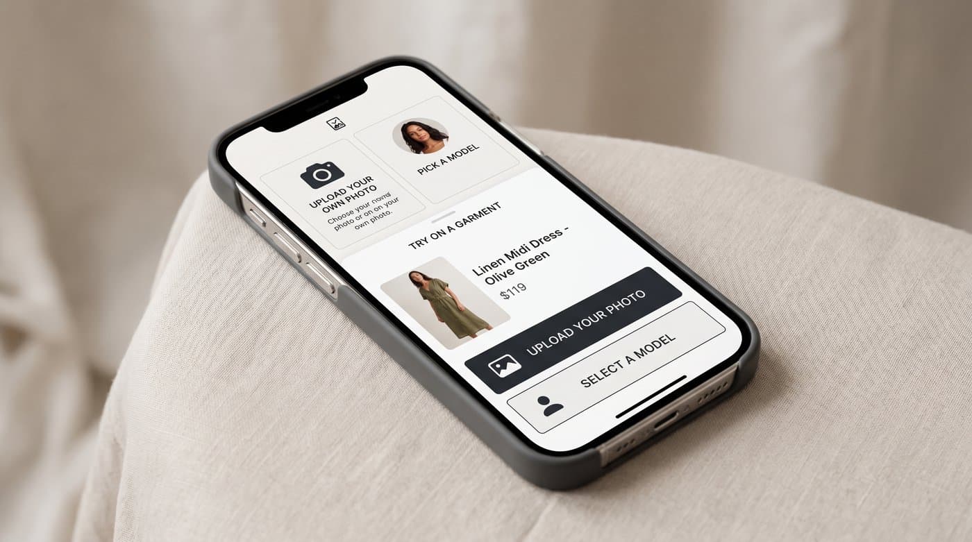 A shopper choosing to upload their own photo or pick an AI model to try clothes on
