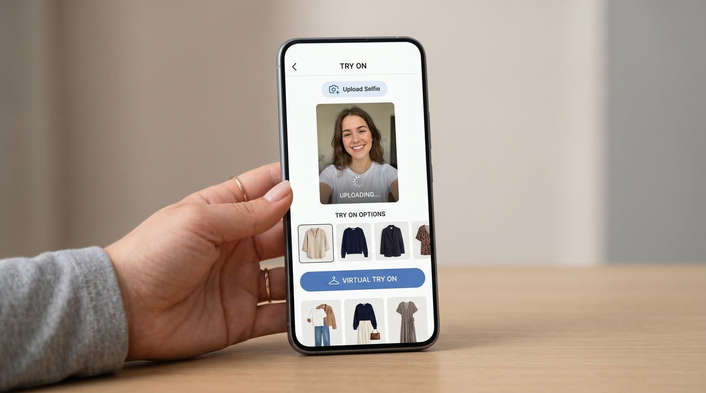 A phone showing a shopper uploading a selfie to try clothes on in Google Shopping