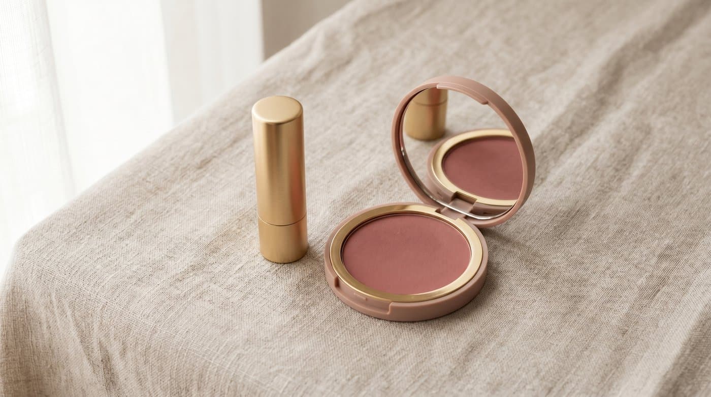 Un bodegón de cosméticos con un lápiz labial y un estuche colocados sobre una superficie suave