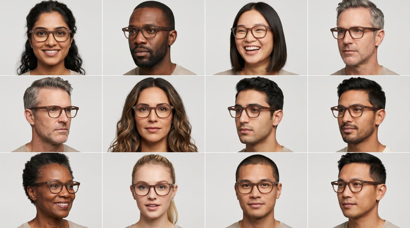 Una cuadrícula que compara resultados de probador virtual de gafas en distintos estilos de montura