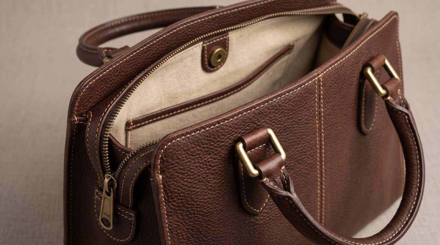 Close detail of a handbag showing leather grain, hardware, and the lined interior