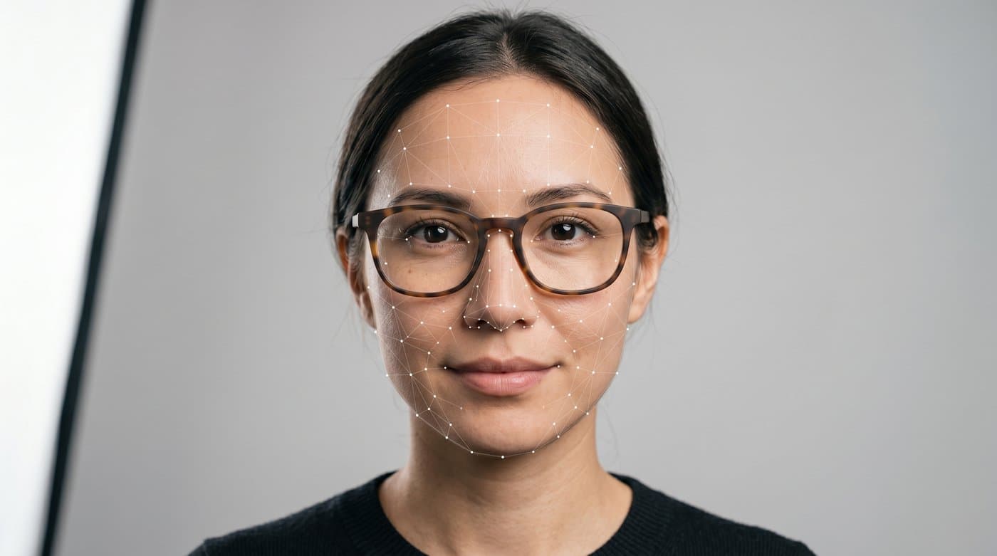 Una malla facial superpuesta sobre un comprador para posicionar gafas virtuales