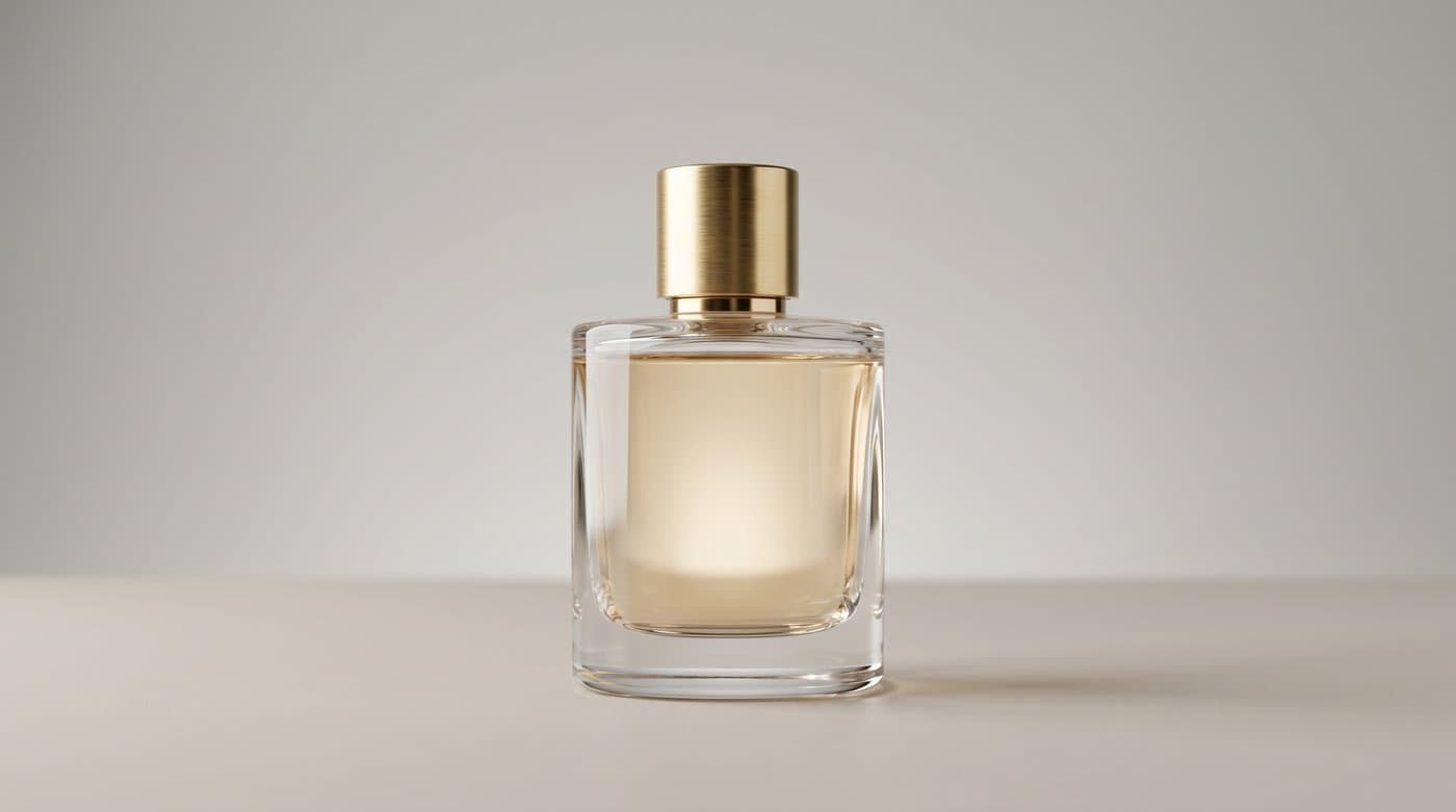 Un frasco de perfume de vidrio fotografiado con un brillo suave y reflejos limpios