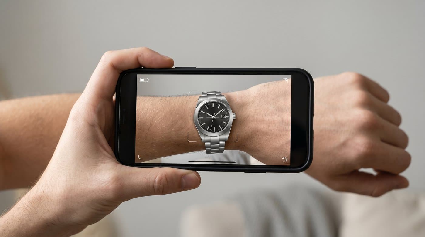 Un reloj renderizado en una muñeca mediante realidad aumentada en un teléfono