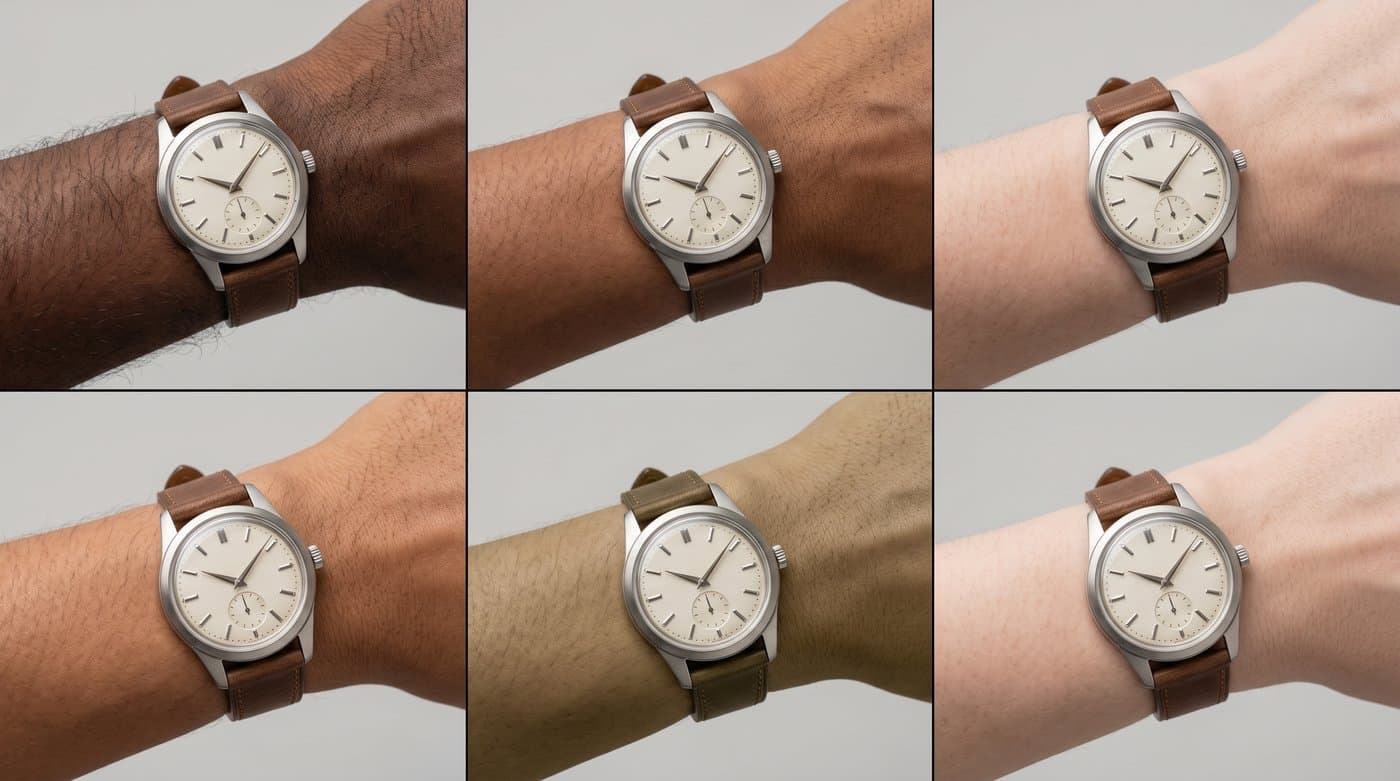 El mismo reloj mostrado en una variedad de muñecas y tonos de piel