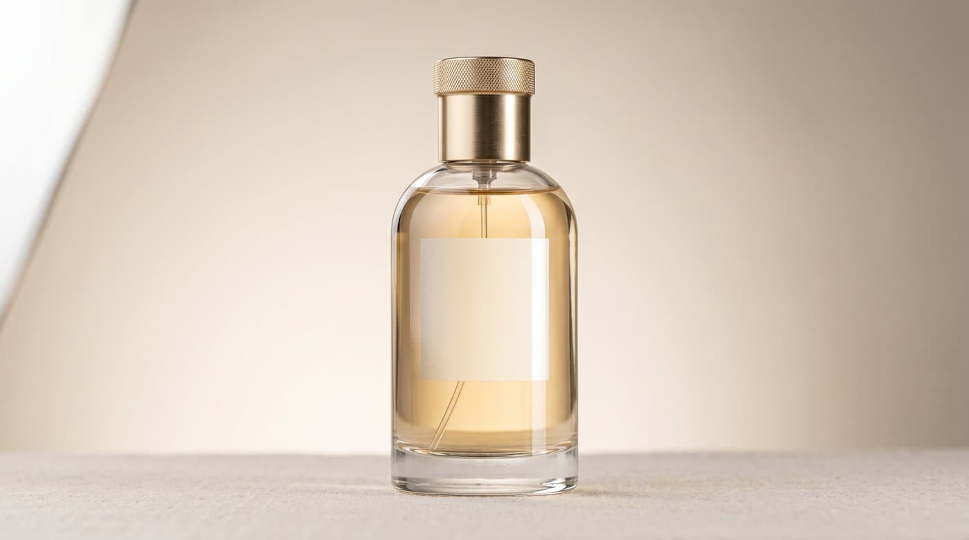 Glass perfume bottle photographed on a soft gradient background with a controlled highlight