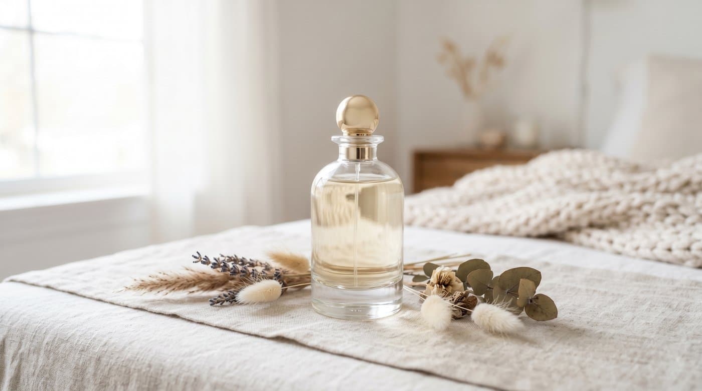 Perfume bottle styled in a lifestyle scene with soft light and a few props