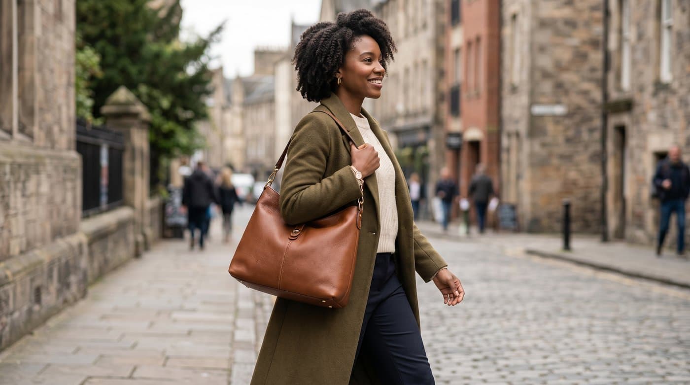 Handbag carried on a model shoulder to show its real scale