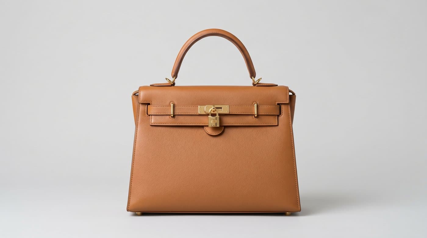 Structured leather handbag photographed on a neutral background with its shape filled out