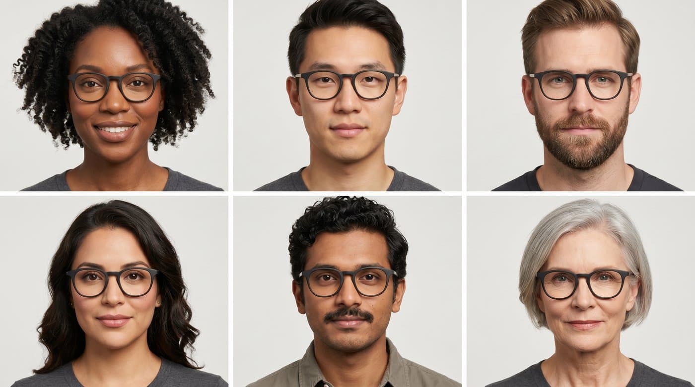Gafas mostradas sobre una variedad de rostros diversos de modelos de IA