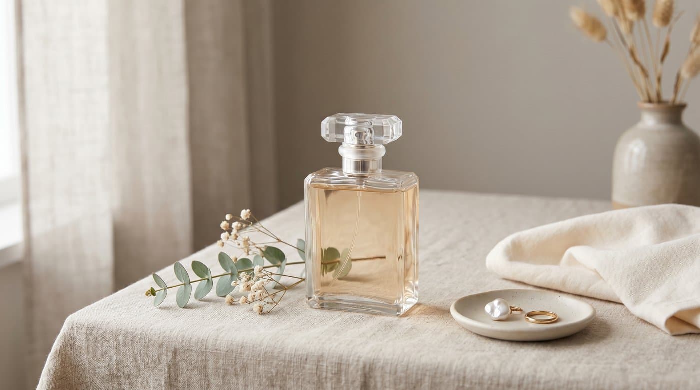 Un frasco de perfume colocado en una escena de estilo de vida con luz suave y atrezo