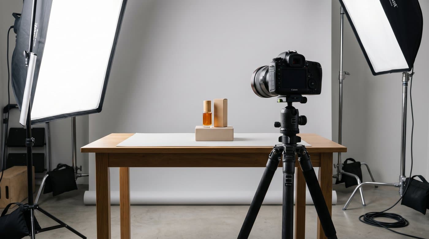 Un estudio de fotografía de producto montado con luces y una cámara
