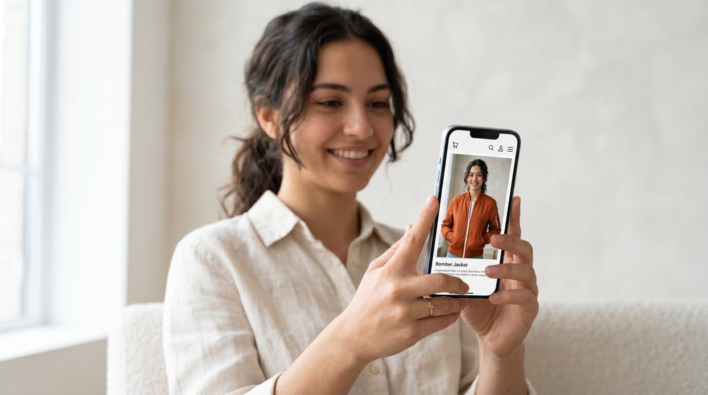 A shopper on a phone seeing an AI-generated image of themselves wearing a jacket from an online store
