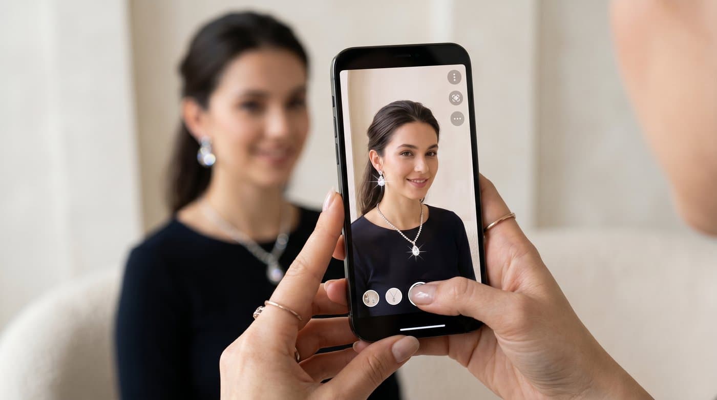 A phone showing crystal earrings and a necklace tried on through augmented reality