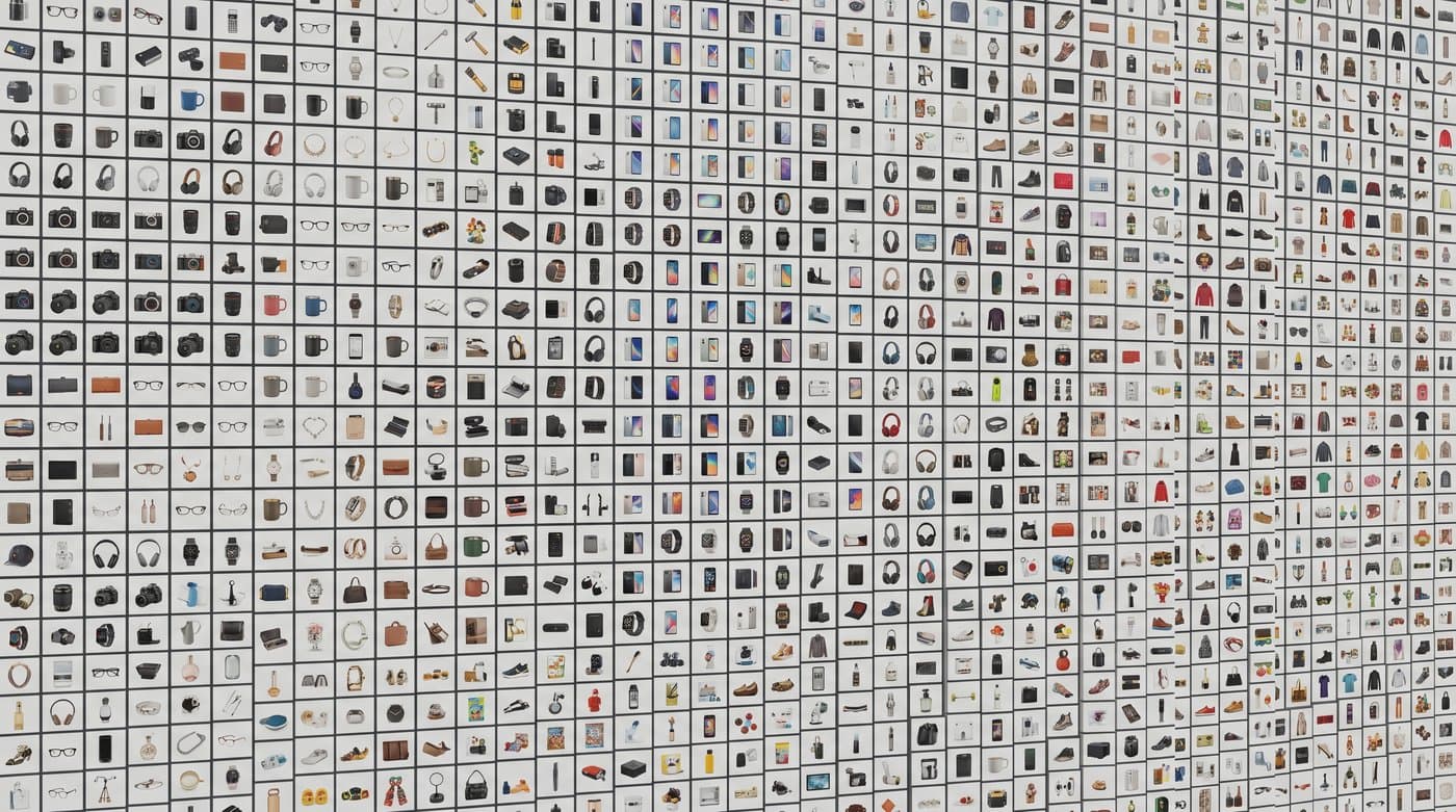 Un grand mur en grille de photos de produits générées par IA évoquant l'échelle