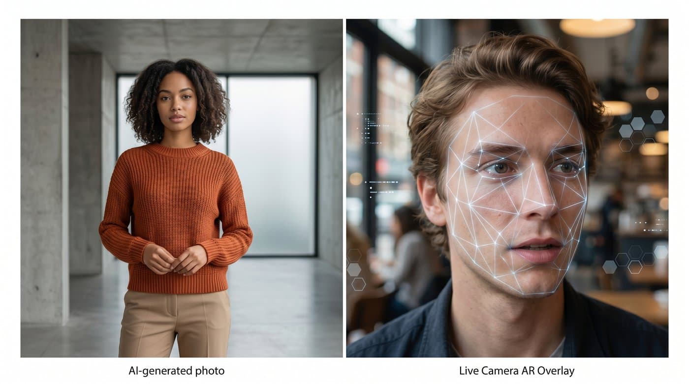Side by side: an AI-generated worn image and a live AR camera overlay