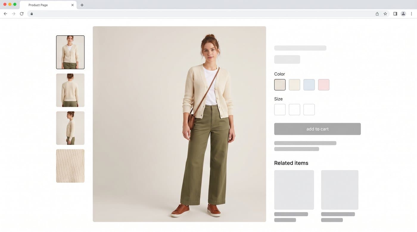 A small fashion store product page with its own web-based try-on, no app needed