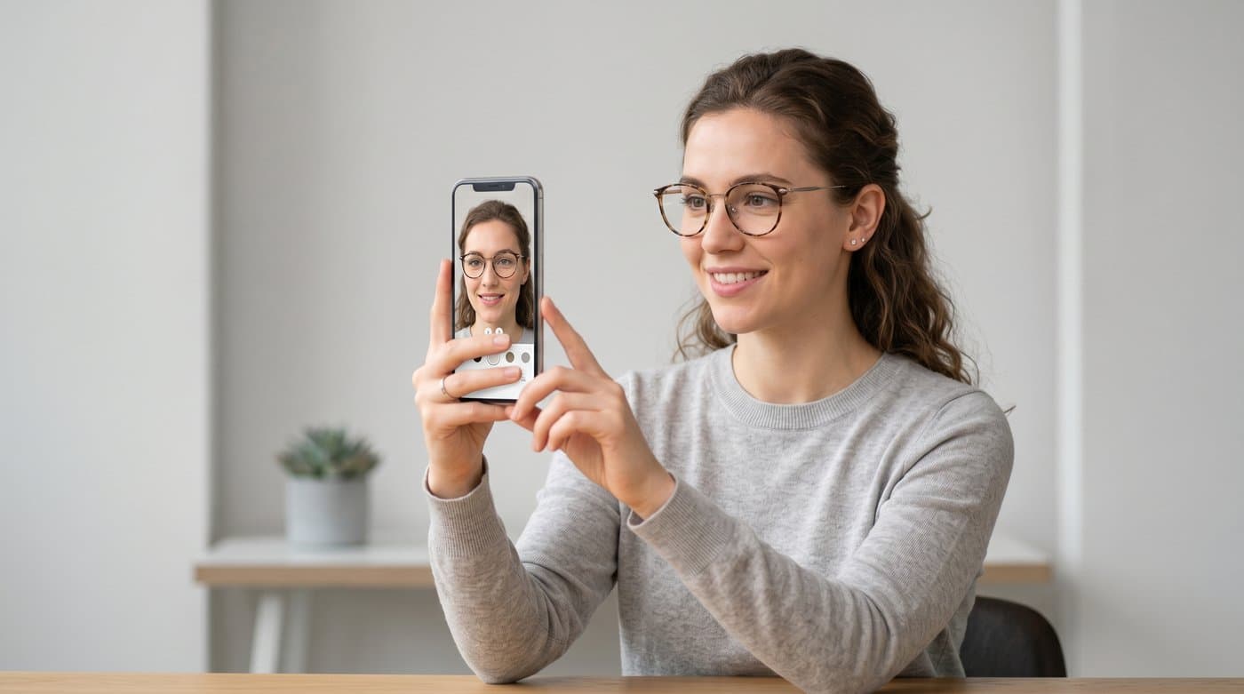 A person using a live camera augmented reality try-on for eyeglasses on a phone