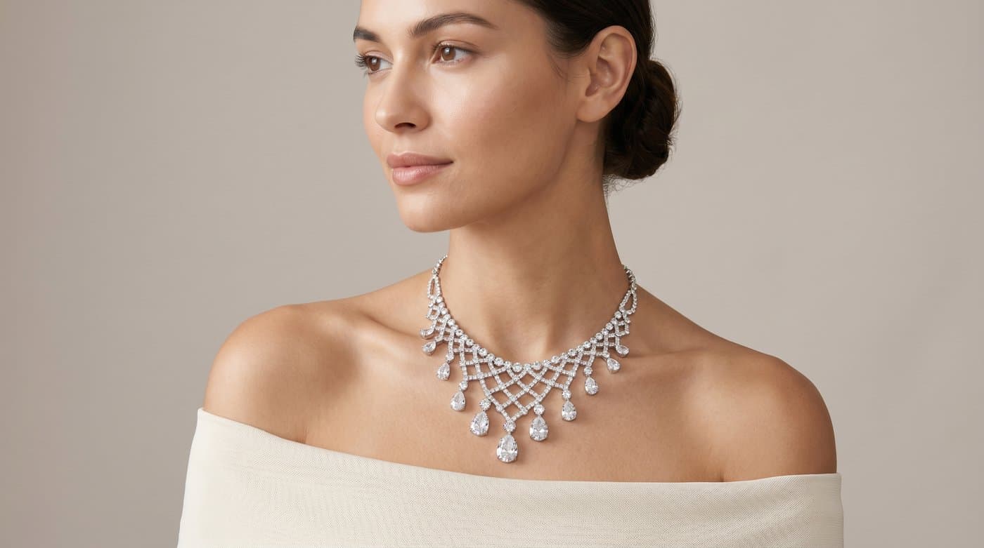 An AI-generated image of a crystal necklace worn, on a jewelry store product page